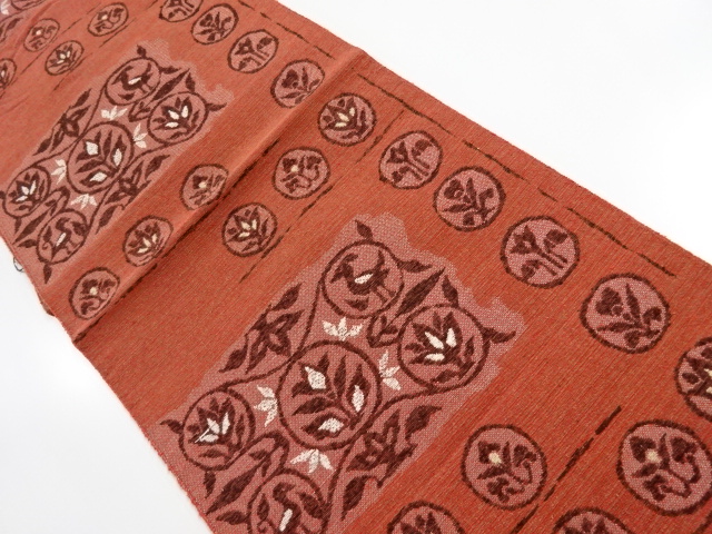 アンティーク　手織り紬横段に花鳥模様織出し名古屋帯（着用可）